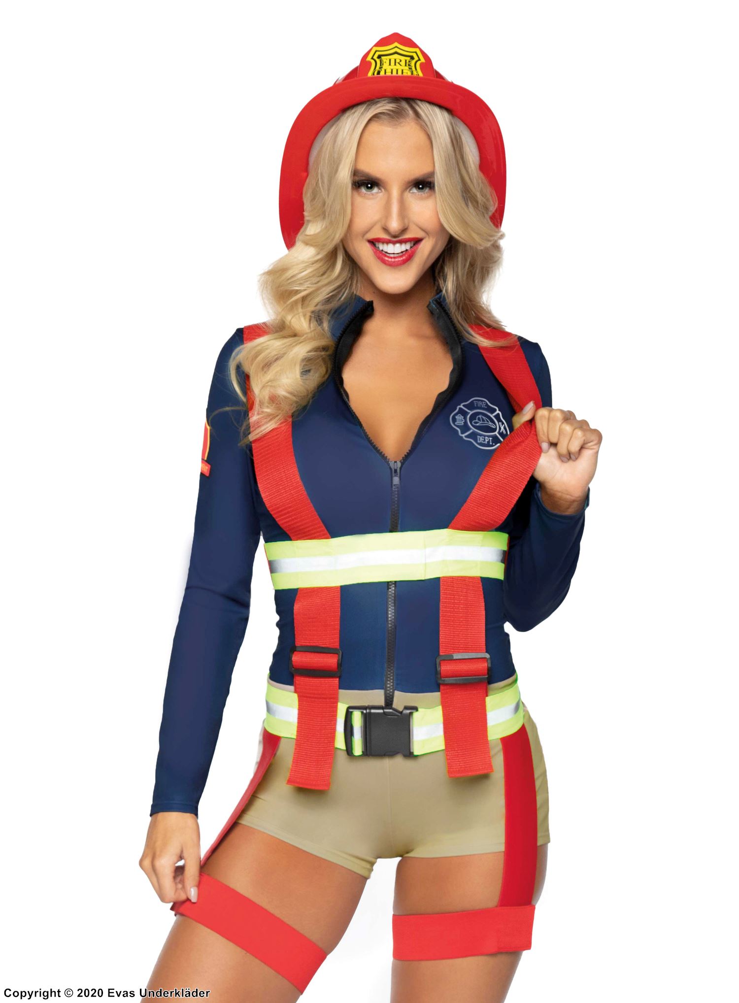 Female fire fighter, costume romper, long sleeves, front zipper, suspenders